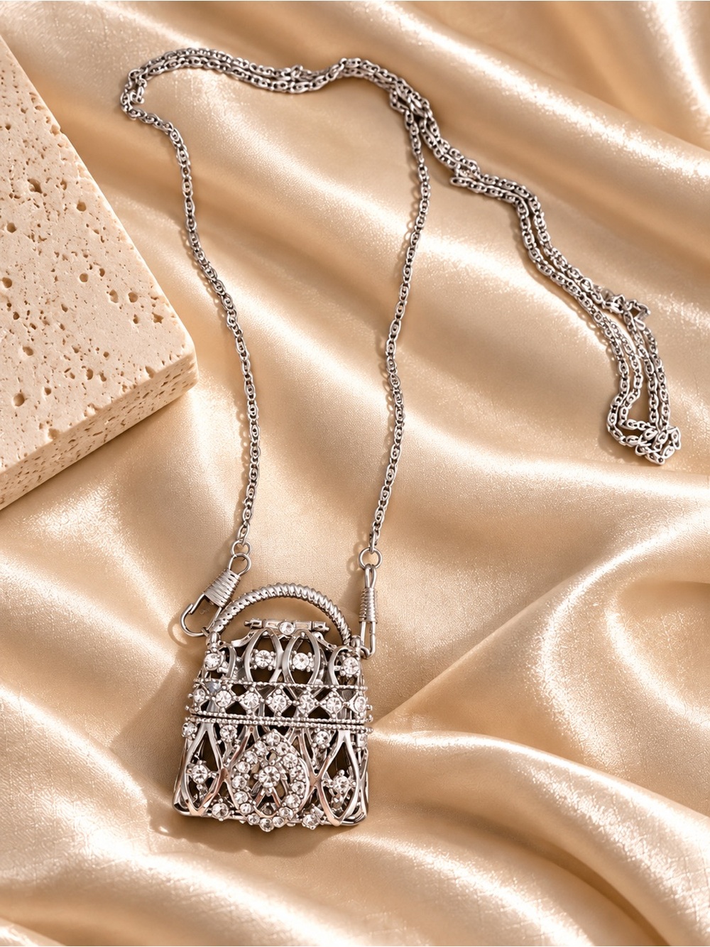 Silver Crystal Mini Bag Pendant Necklace